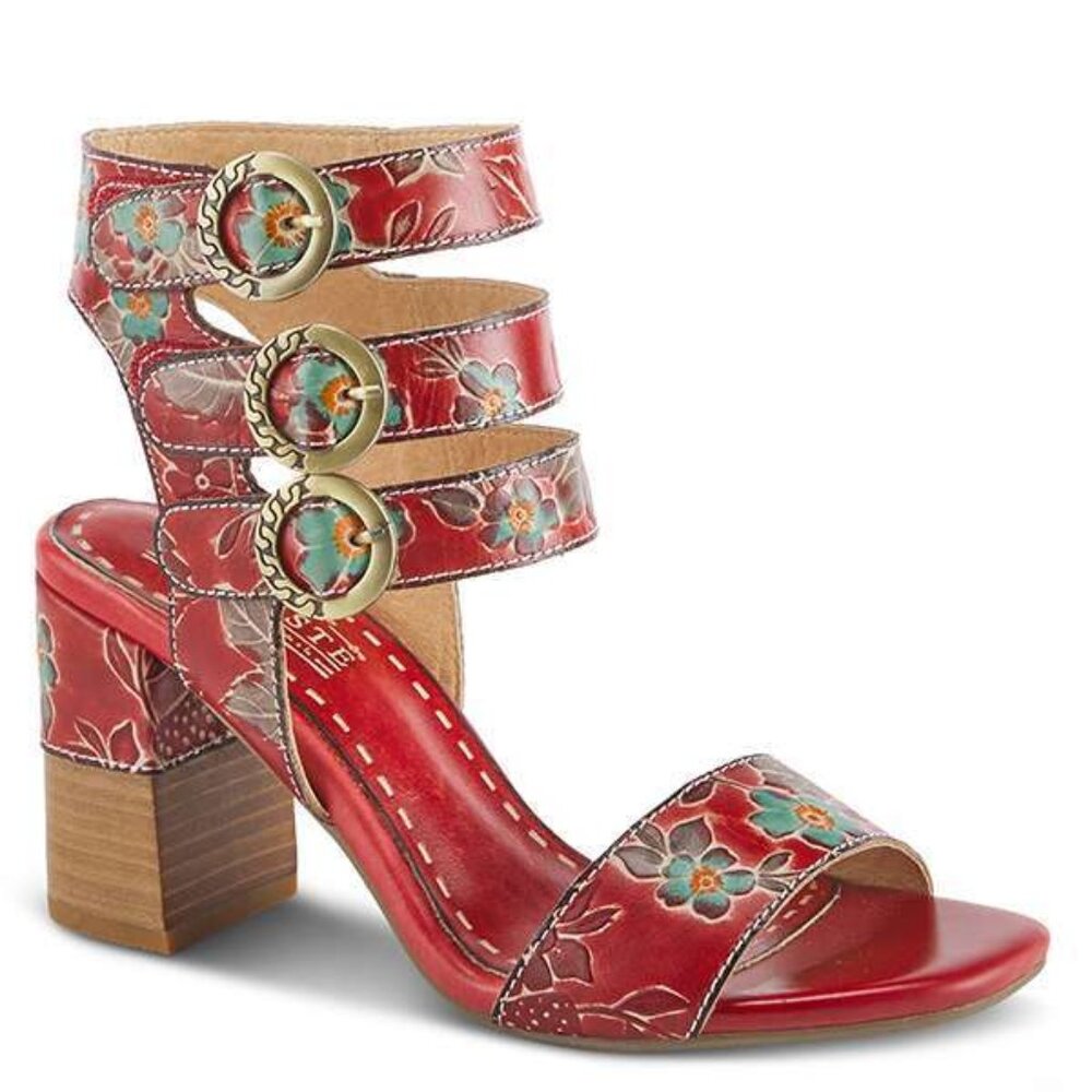 Red Floral Sandal with Block Heel